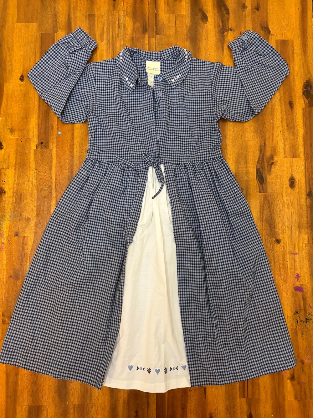 Laura Ashley Girls' Navy Gingham Button-Front Dress with White Underskirt 8 year